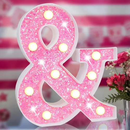 Letras rosas iluminadas con purpurina, letras del alfabeto rosas, letreros de luces LED en marquesina rosas con batería para iluminación nocturna,