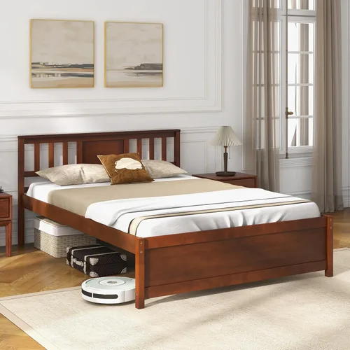 Miniatura 3 de Giantex Marco de cama de plataforma de madera maciza de tamaño matrimonial, marco de cama matrimonial de mediados de siglo con cabecero, soporte