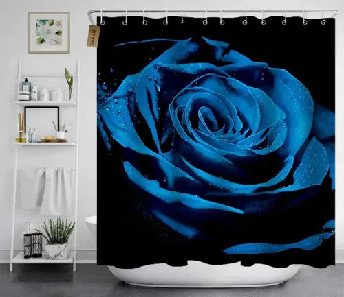 Miniatura 3 de Juego de 4 cortinas de ducha con diseño floral azul real, decoración de baño con diseño de flores de lluvia, cortina de ducha negra de tela, regalos