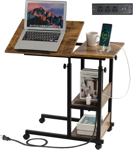 Miniatura 13 de Hadulcet Mesa C Ajustable con Estación de Carga, Escritorio Inclinable Mesa Auxiliar en Forma de C para Sofá, Soporte sobre Cama con Ruedas