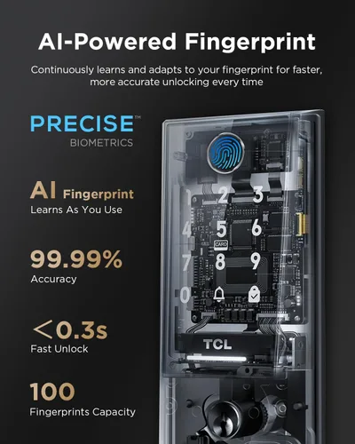 Miniatura 3 de TCL Smart Lock D2 Plus, cerradura de puerta con huella dactilar sin llave, cerradura de cerrojo de teclado con pantalla táctil, timbre integrado