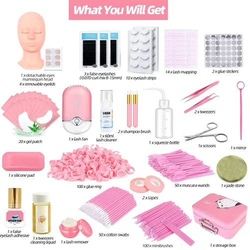 Miniatura 2 de Kit de extensión de pestañas profesional con cabeza de maniquí, párpados extraíbles, ventilador de pestañas USB, pestañas postizas individuales, Rosa