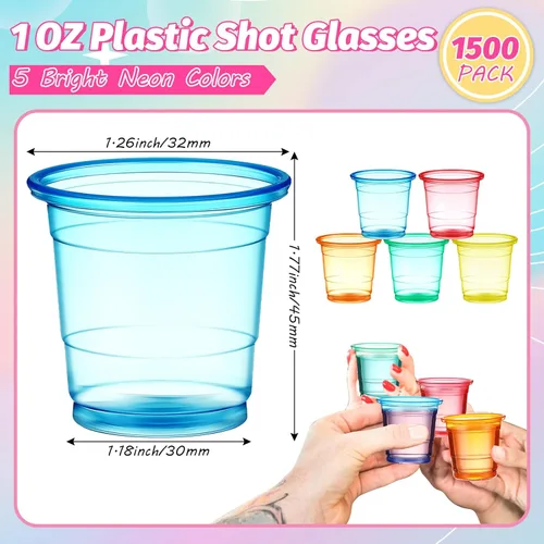 Miniatura 2 de Nuanchu 1500 vasos de chupito de plástico neón de 1 onza, vasos desechables a granel para vino, condimentos, salsa, chupitos y más, para Año Nuevo