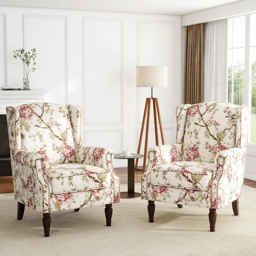 Miniatura 41 de Silla de Acento de Respaldo Alto, Sillón Tapizado en Tela para Sala de Estar, Sillón Wingback con Estampado Floral con Patas de Madera Maciza, Sofá