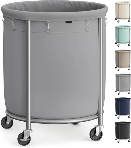 Miniatura 15 de Songmics – Cesta de lavandería de 29 galones (110 L) con ruedas, carrito rodante resistente redondo con marco de acero y bolsa extraíble, 2 ruedas