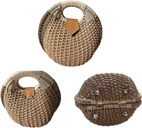 Miniatura 2 de Bolsas de paja para mujer, tejido a mano, con asa, anillo retro, para verano, playa, ratán.