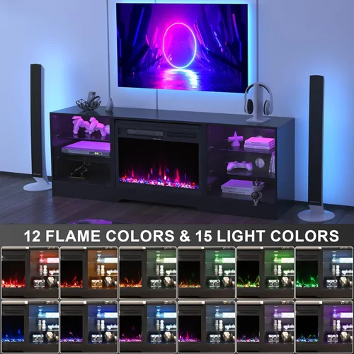 Miniatura 5 de COCO DESIGN Fireplace TV Stand up to 75" TVs, 23" Electric Fireplace TV Console, LED Lights Wood and Glass Entertainment Center & Remote Control