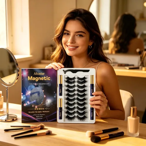 Miniatura 5 de Alcastar - Kit de pestañas magnéticas, pestañas esponjosas de la misma densidad, juego de delineador magnético impermeable, pestañas de ojos Negro