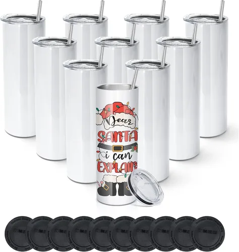 Miniatura 12 de AGH Paquete de 10 Tazas de Sublimación en Blanco de 20 OZ Rectas Delgadas con Pajita, Taza de Acero Inoxidable con Aislamiento de Doble Capa, A-38P
