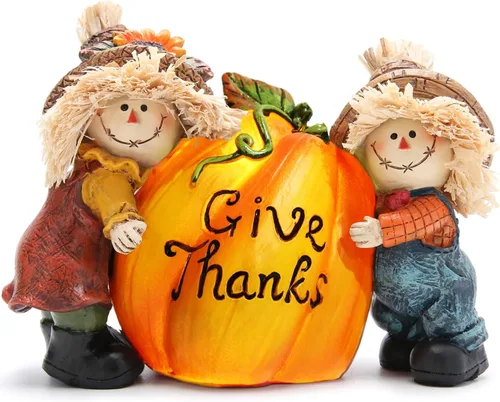 Miniatura 10 de Hodao Decoraciones de Acción de Gracias para mesa, figura familiar de espantapájaros de resina de otoño con cesta de calabaza, maíz y manzana