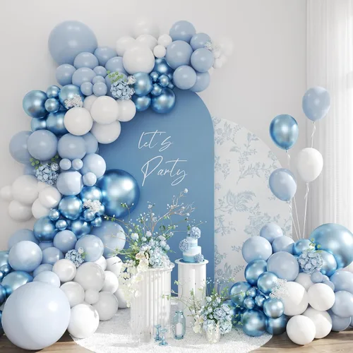 Kit de arco de globos color azul polvoriento, 134 piezas de kits de guirnaldas de globos metálicos azules y blancos para cumpleaños, boda, baby Azul