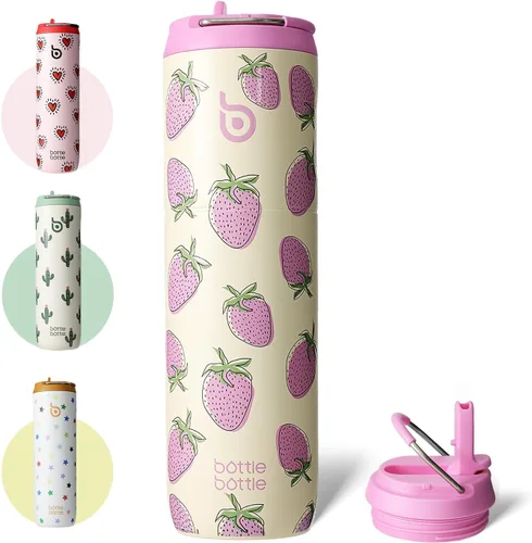 Miniatura 8 de BOTTLE BOTTLE Botella de agua aislada de 24 onzas con tapa de popote y asa para deportes, viajes, gimnasio, botellas de agua de acero inoxidable