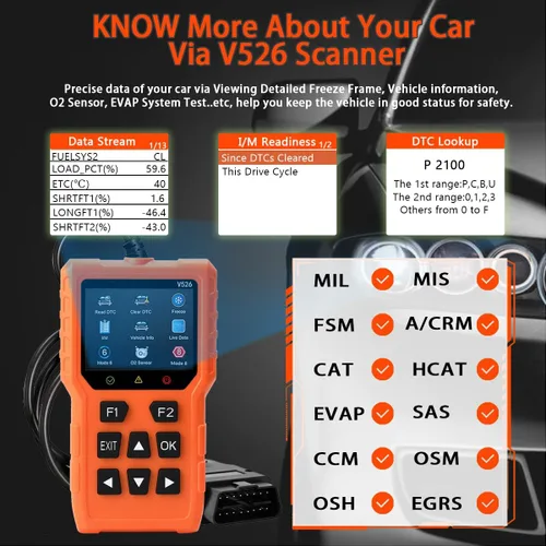 Miniatura 7 de Herramienta de diagnóstico del escáner V526 OBD2, herramienta de escáner de código de falla de luz del motor de borrado de verificación, DTC, flujo