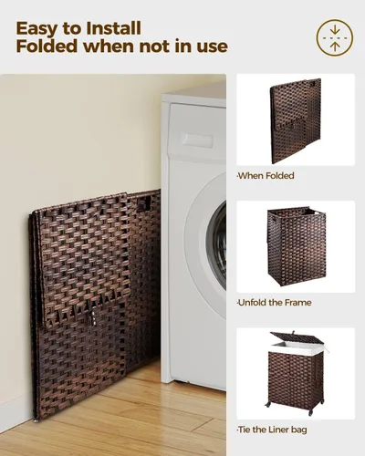Miniatura 72 de GREENSTELL Cesta para ropa sucia con ruedas y tapa, 130 L, cesta grande de 3 secciones con 2 tipos de bolsas de forro extraíbles, 5 bolsas de malla