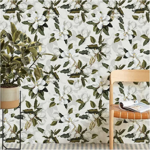 Miniatura 4 de HAOKHOME Papel tapiz floral para despegar y pegar, papel de pared extraíble Magnolia de vinilo blanco hueso, gris/verde, papel de contacto