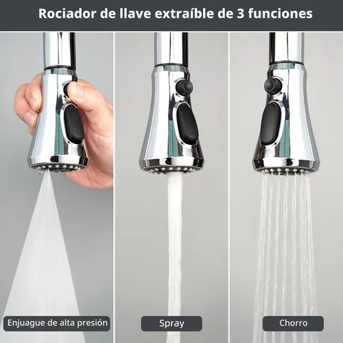 Miniatura 2 de Hibbent Cabezal de pulverización desplegable para grifo de cocina, boquilla rociadora de 3 funciones certificada por NSF/ANSI/CAN 61 y CUPC, 15 Cromo