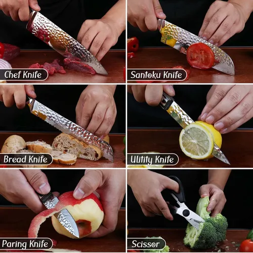 Miniatura 7 de Juego de cuchillos de cocina, juego de cuchillos de 15 piezas con bloque de madera, autoafilable para juego de cuchillos de chef, juego de bloques