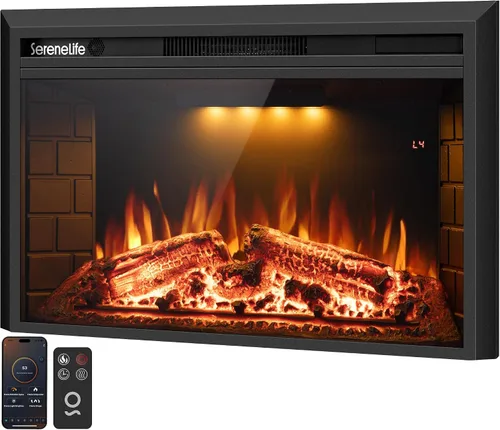 SereneLife Inserto de chimenea eléctrica con calentador | Control inteligente de aplicación Wi-Fi y control remoto | Termostato ajustable de 700
