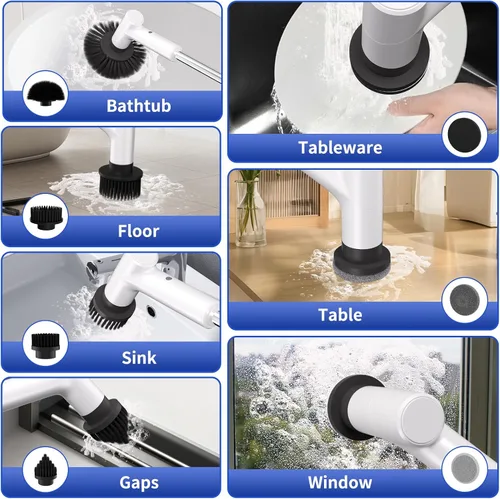 Miniatura 6 de Limpiador eléctrico giratorio, limpiador de ducha inalámbrico con 7 cabezales de cepillo de repuesto, IPX5 impermeable para baño con mango