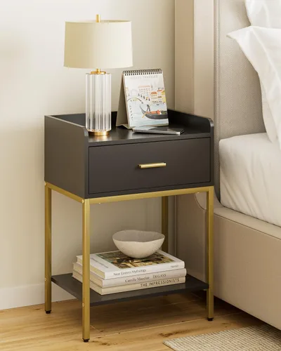 Mesita de noche, mesita de noche moderna de 3 niveles, mesita de noche con cajón de almacenamiento y estante, mesa auxiliar pequeña para dormitorio,