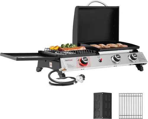 Royal Gourmet PD1305H - Combo de parrilla y plancha de gas propano de 3 quemadores con tapa, combo de parrilla 3 en 1 con salida de 29,000 BTU para