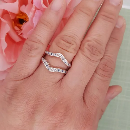 Miniatura 6 de Anillo doble de oro redondo de oro de 14 quilates con zafiro azul y diamante blanco para mujer