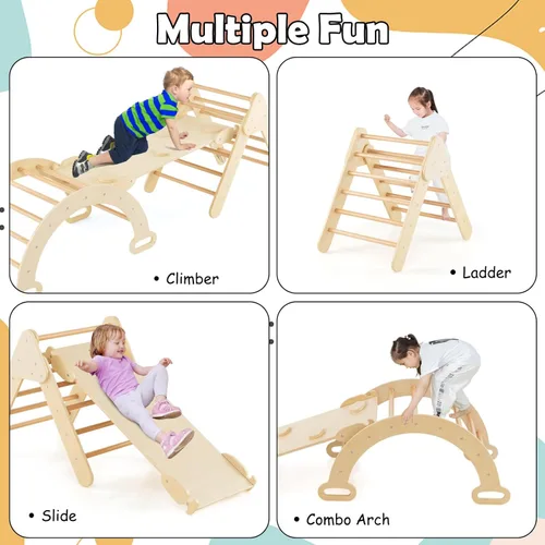 Miniatura 3 de Olakids Conjunto Triangular Pikler 7 en 1 Juguetes de Escalada para Niños Pequeños de 1 a 3 Años Interior Plegable de Madera Montessori Gimnasio