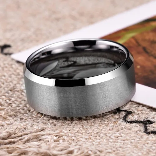 Miniatura 171 de King Will Anillo de boda de tungsteno para hombre, disponible en 15/64 a 25/64 de pulgada (6 a 10 mm), negro/plata, acabado mate, borde pulido