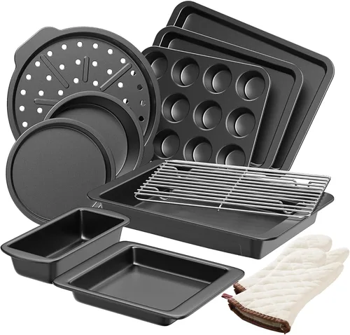 Miniatura 9 de Juegos de utensilios de hornear HONGBAKE, juego de sartenes para hornear, sartén antiadherente para horno de cocina con asas más anchas, juego de 10