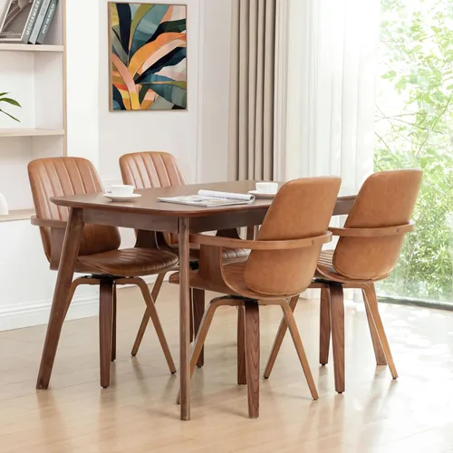 Miniatura 8 de Juego de 2 sillas de comedor giratorias, modernas de mediados de siglo con artesanía de nogal, piel sintética tapizada, brazos y patas de madera