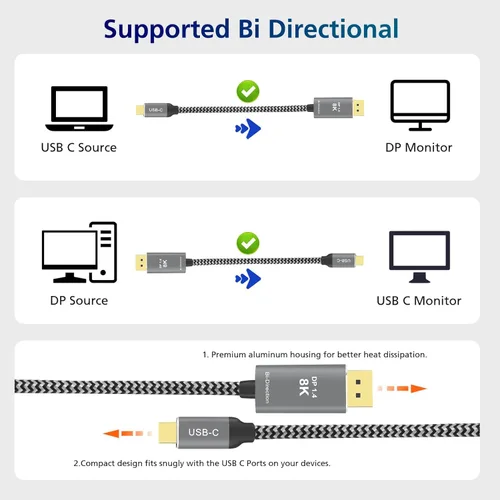 Miniatura 7 de Cable USB C a DisplayPort 1.4 bidireccional, compatible con cable trenzado de 8K a 60Hz, 4K a 240Hz