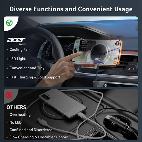 Miniatura 2 de Acer Gadget - Cargador de coche MagSafe de 25 W, cargador inalámbrico de coche con ventilador de refrigeración y luz de fondo, soporte de teléfono