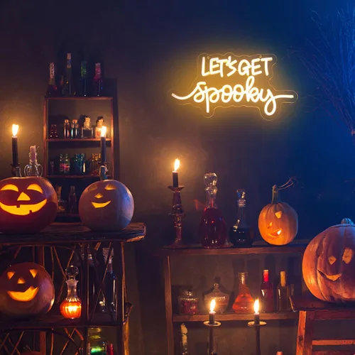 Miniatura 6 de Letreros de neón con texto en inglés "Let's Get Spooky", letrero de neón para Halloween, letras amarillas, luces de neón espeluznantes para pared