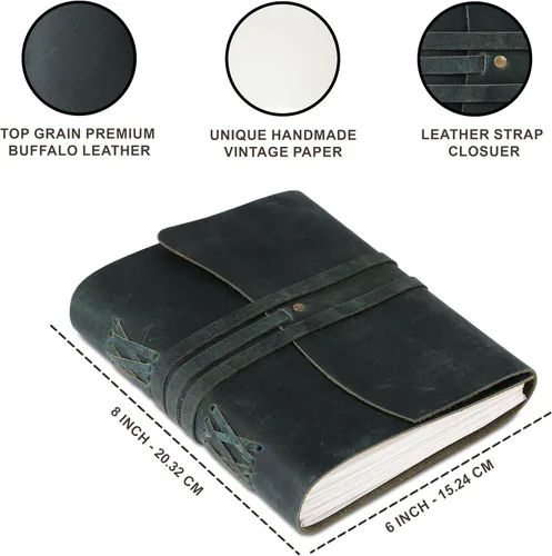 Miniatura 3 de KomalC Cuaderno de cuero hecho a mano 7x5 pulgadas Cuaderno vintage azul con papel en blanco sin renglones Diario de viaje antiguo, cuaderno