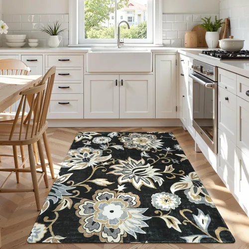 Miniatura 15 de Lahome - Tapete floral con estampado de cachemira, lavable, antideslizante, pequeño, anti-manchas, suave, para baño, entrada, dormitorio, Negro