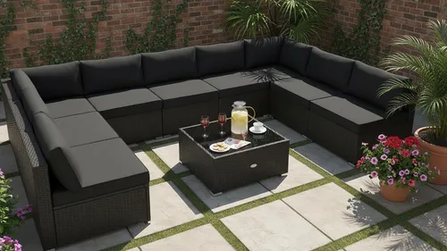 Miniatura 33 de Tangkula Patiojoy - Juego de muebles de ratán de 7 piezas, juego de conversación al aire libre con cojines y mesa de centro de vidrio templado