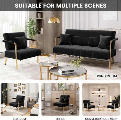 Miniatura 6 de Yaheetech Silla decorativa de terciopelo de 30 pulgadas de ancho, silla de sala de estar con marco dorado y almohada acogedora para sala de estar