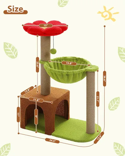 Miniatura 8 de MUTTROS Árbol para gatos con flores con postes rascadores de sisal, linda torre para gatos de 35" con hamaca verde grande para gatos pequeños