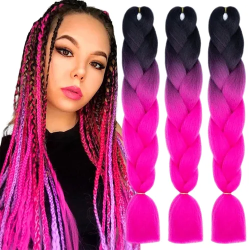 Miniatura 16 de 3 paquetes de extensiones de cabello sintético para trenzar de color negro a azul, tamaño jumbo ombré, de 24 pulgadas o trenzas de ganchillo