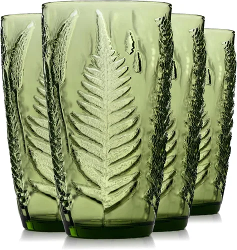 Juego de 4 vasos de vidrio verde vintage, hechos a mano de 16 onzas, vasos altos con textura pesada, cristalería de color antiguo en relieve de