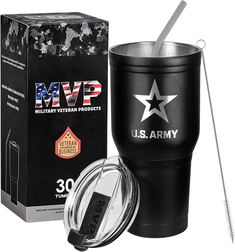 Military Gift Shop Taza de Viaje de Acero Inoxidable con Aislamiento al Vacío de Doble Pared Negra del Ejército de EE.UU. de 30 oz - Regalos de