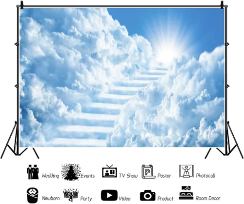 Miniatura 2 de Telones de fondo de cielo de 5 x 3 pies para fotografía, escalera al cielo, puerta del paraíso, luz del sol, cielo nubes, fondo, baby shower
