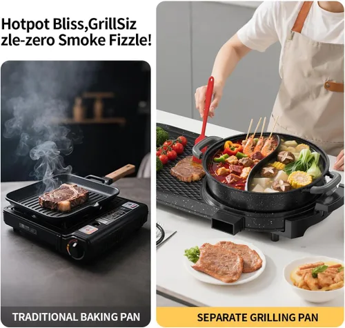 Miniatura 4 de AORAN - Combo de parrilla eléctrica y olla caliente para cocina en interiores, parrilla desmontable de doble zona de 2200 W con bandeja dividida