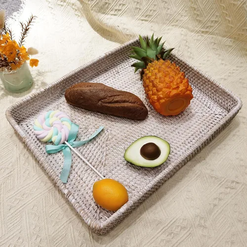 Miniatura 6 de i-lan Bandeja grande tejida de ratán blanco lavado de 17 pulgadas para otomana, bandeja de almacenamiento rectangular blanca con pared de 2.4