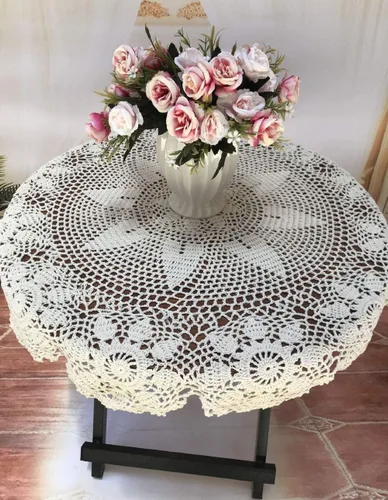 Miniatura 2 de Damanni Manteles de encaje de ganchillo hechos a mano de algodón beige, redondos, 24 pulgadas