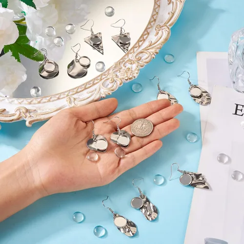 Miniatura 6 de FASHEWELRY 54Pcs Bandejas de bisel para pendientes de acero inoxidable en blanco Geometría rombos lágrima con cabujones de vidrio redondo de 12 mm