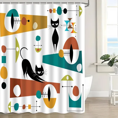Miniatura 6 de Mid Century Black Cat Shower Curtain Modern Atomic Abstract Geometric Iconic Pattern Retro Black Kitty Animal 1950s 1960s Vintage Funny Teal Fabric