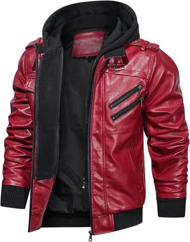 Miniatura 5 de Hood Crew - Chaqueta bomber para hombre, casual, con cuello alto, cazadora de moto, de piel sintética de poliuretano, con cremallera y capucha