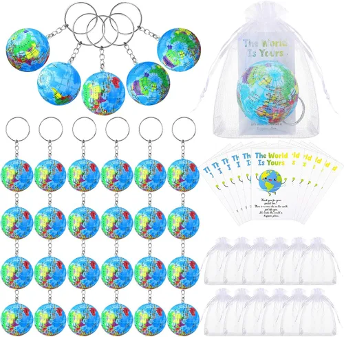 Quelay - Paquete de 24 llaveros con forma de globo de regalo de regreso a clases, juguetes para niños, juguetes de planeta Tierra, incluye bolas de