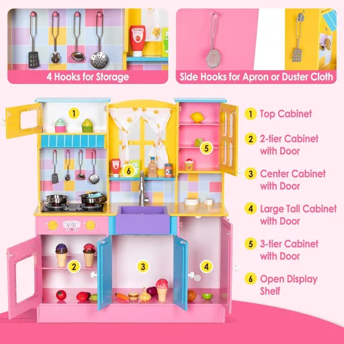 Miniatura 5 de BRINJOY Juego de cocina para niños, cocina de madera para niños con grifo, fregadero, estufa, horno, cortinas, utensilios de cocina, armarios